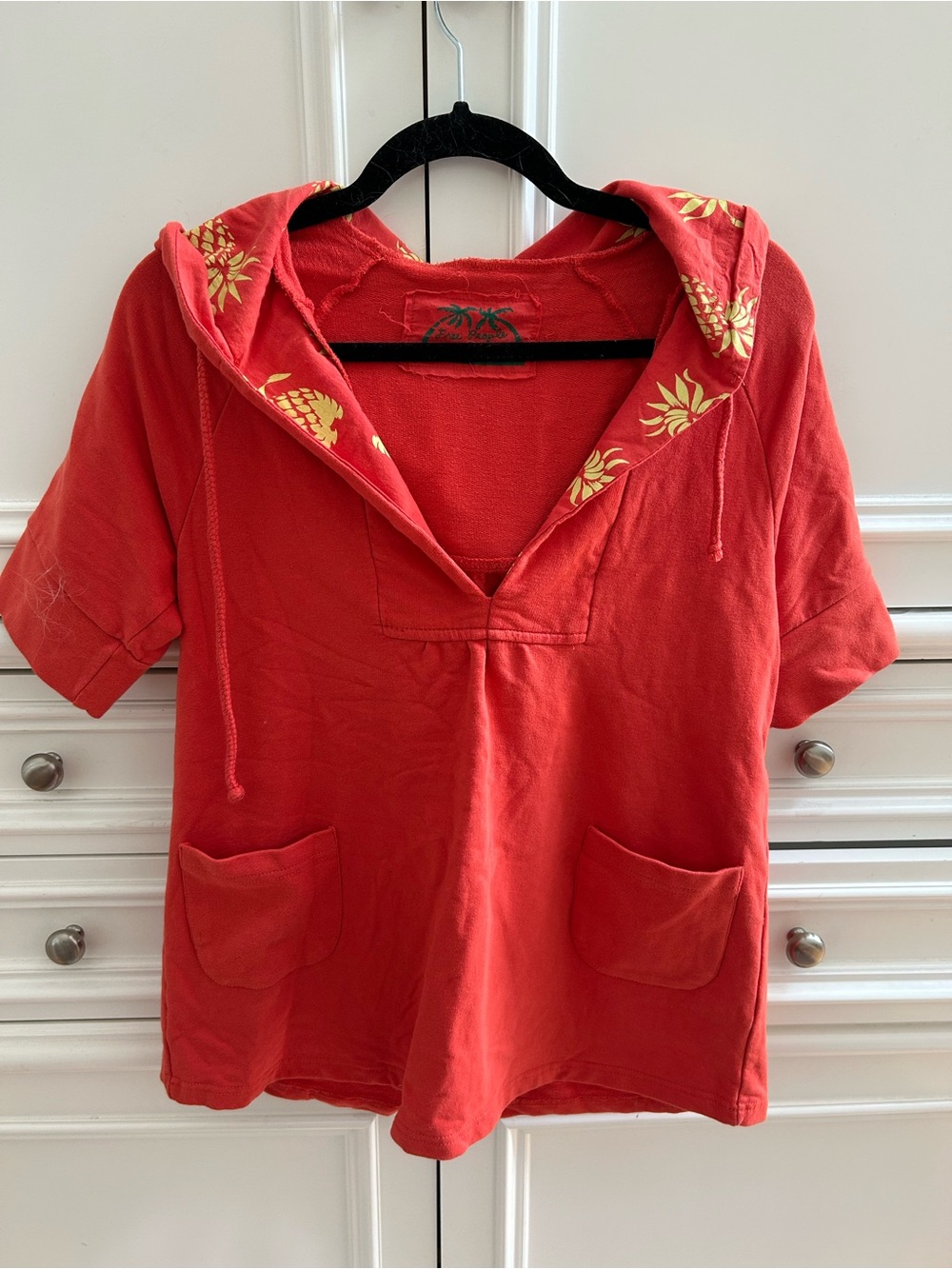 Free People Red Hooded Short-Sleeve Hoodie with Pineapple Trim - VINTAGE